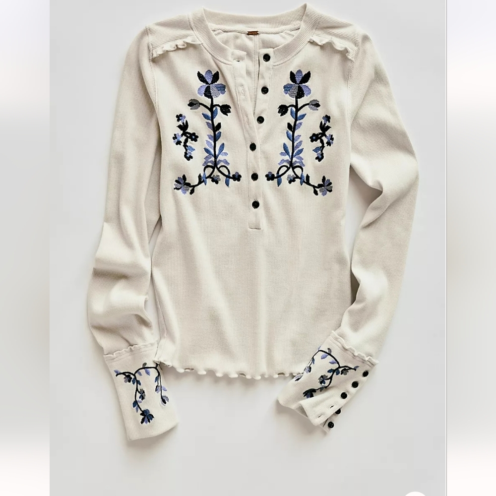 Free People Cream Blouse with Blue Floral Embroidery